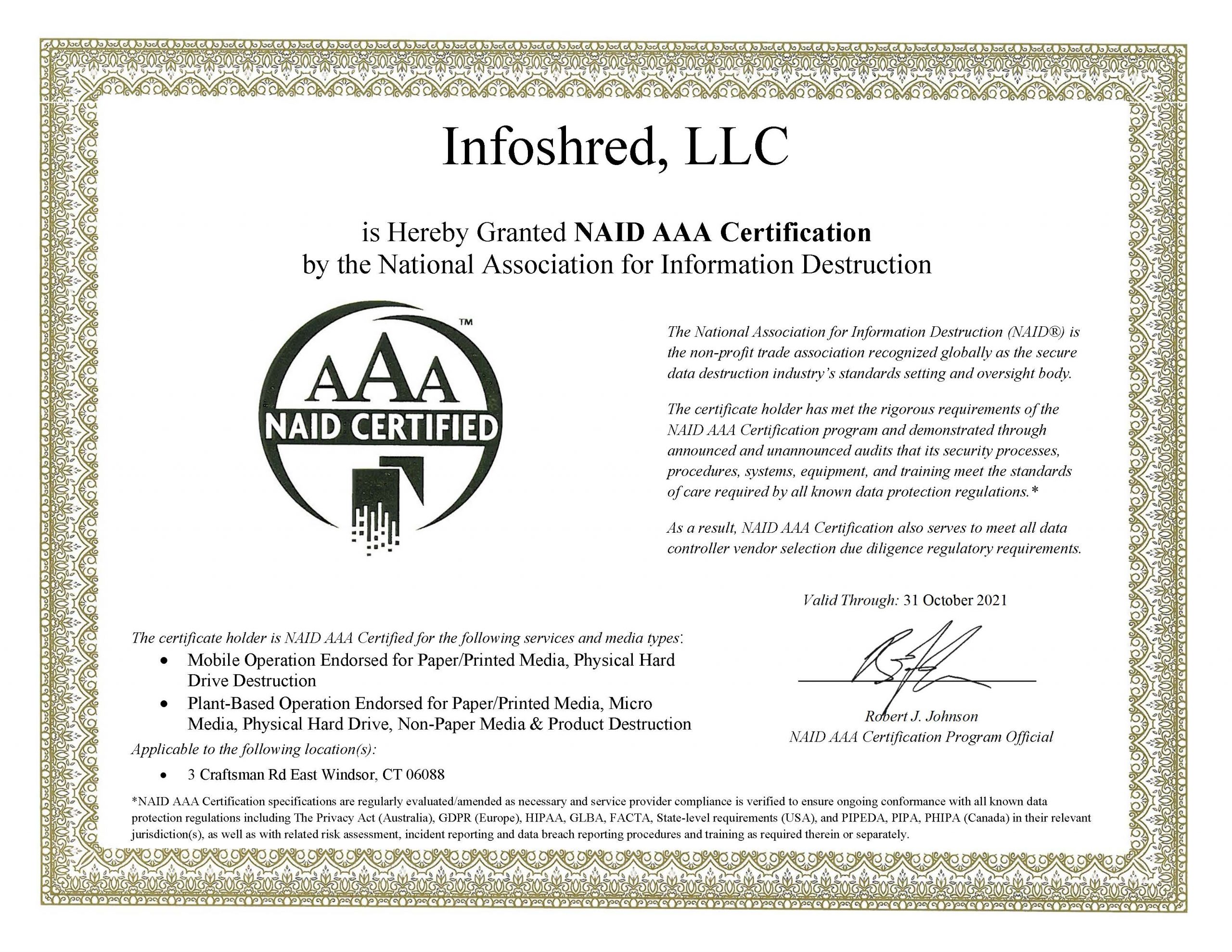 NAID Certified Information Destruction Contractor CT Information