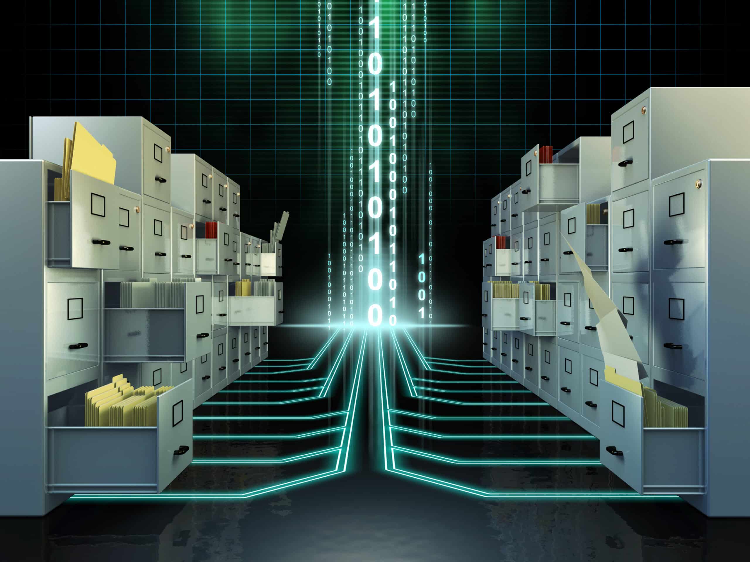 File cabinets in a digital space. Digital illustration.