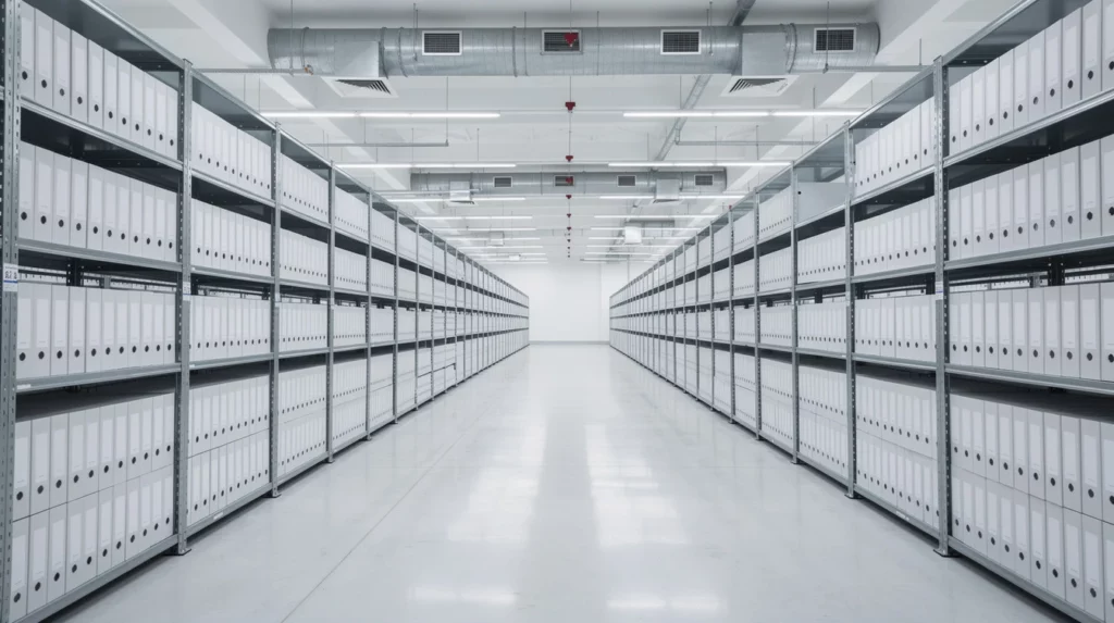 A pristine storage facility with steel shelving filled with business records boxes
