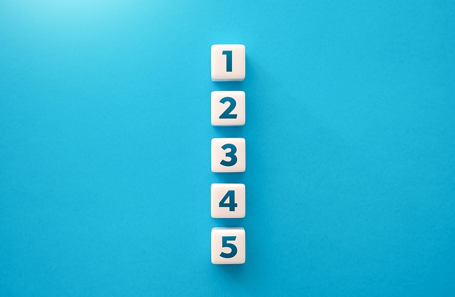 Five white blocks numbered 1 through 5 are laid in a vertical row on a bright blue background.
